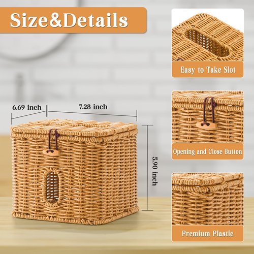 Hordely Facial Clean Skin Club Face Towels Holder for Bathroom, Plastic Rattan Disposable Face Towel Holder, Farmhouse Style for XL Face Towels Box Basket with Lid, Light Brown