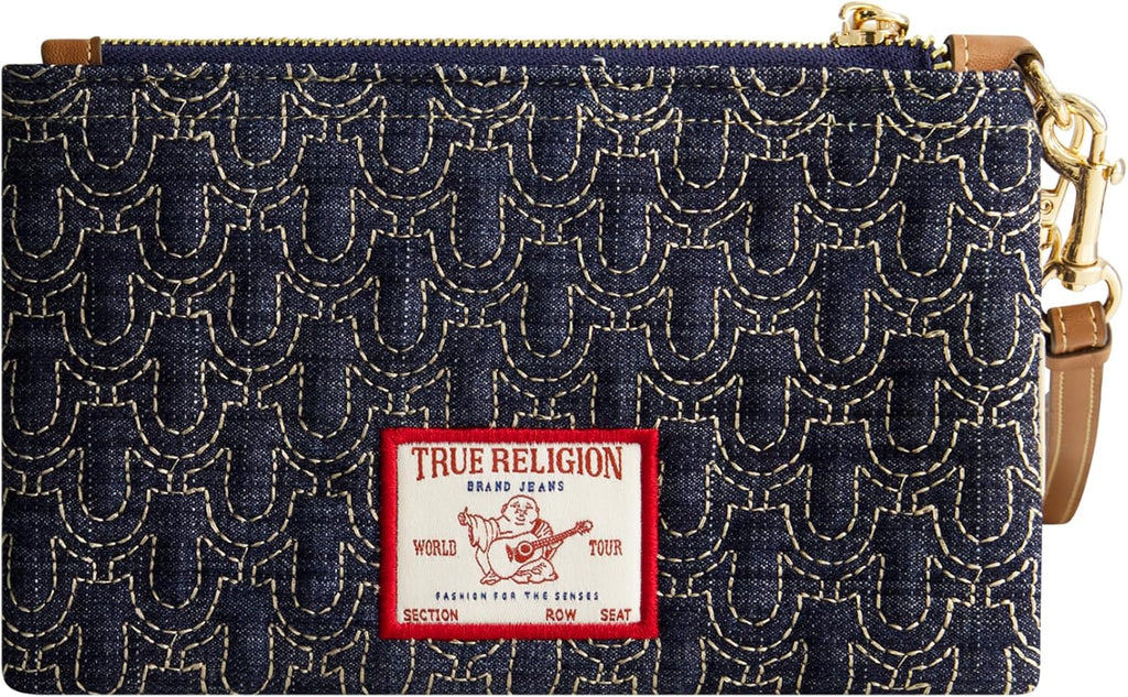True Religion Mini Wallet - Compact Quilted Clutch Pouch with Wrist Strap | Dark Denim, One Size