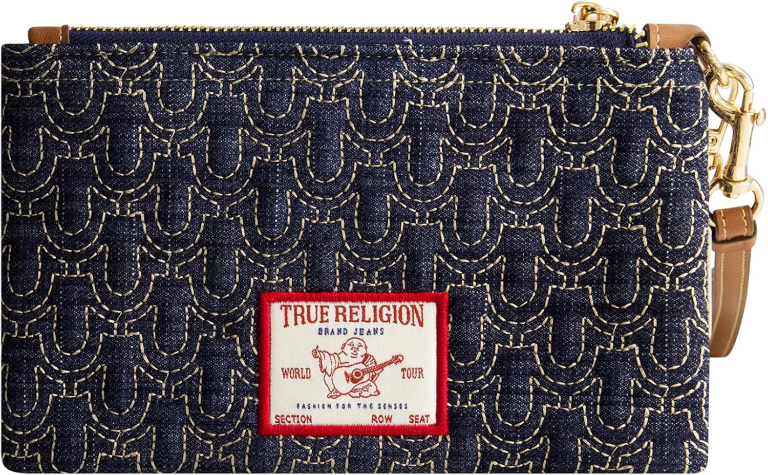True Religion Mini Wallet - Compact Quilted Clutch Pouch with Wrist Strap | Dark Denim, One Size