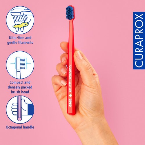 Curaprox CS 3960 Super Soft Toothbrush – Adult Oral Care | Gentle Cleaning with Super Soft 0.12 mm Bristles | Single Pack, Red/Blue