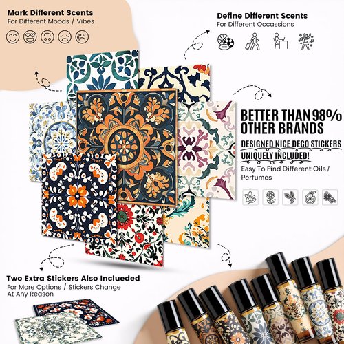 Roller Bottles for Essential Oils Roll On Bottles 8 Pack, 10ml Oil Roller Bottle Amber Thick Glass Empty with Oil Perfume Lip Gloss DIY Kits Boho Stickers Leak-Proof Refillable for Travel, Gift