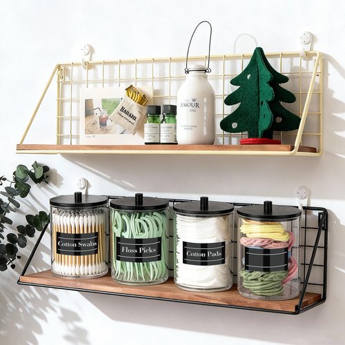 4 Pack 10 oz Acrylic Qtip Holder with Labels Dispenser- Bathroom Small Clear Plastic Canister Apothecary Jar Set Essentials Accessories Decor, Vanity Storage Organizer