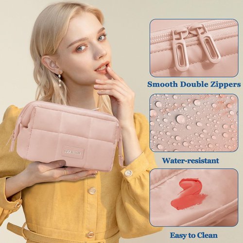 DSDCDJ Puffy Makeup Bag Travel Toiletry Bag, Waterproof Make Up Bag for Women, Lightweight Wide-open Cosmetic Bag with Multiple Compartments, Pouch Travel Essentials Toiletries, Pink