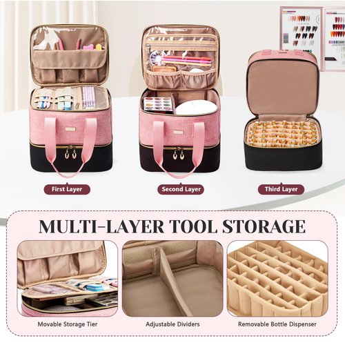 BAGMIND Nail Polish Organizer, Double Layer Nail Organizer and Storage Box Holds 42 Bottles & Nail Tech Kit Supplies, Large Capacity Nail Polish Organizer Case Carrying Bag