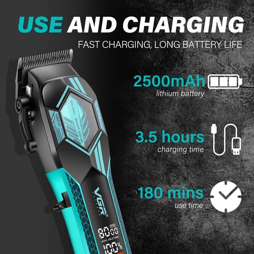 VGR 119 Professional Cordless Hair Clippers for Men, Rechargeable Barber Clippers with Base, Lithium-ion Battery Hair Cutting Machine with BLDC Motor and Ceramic Blades for Home and Barber, Green