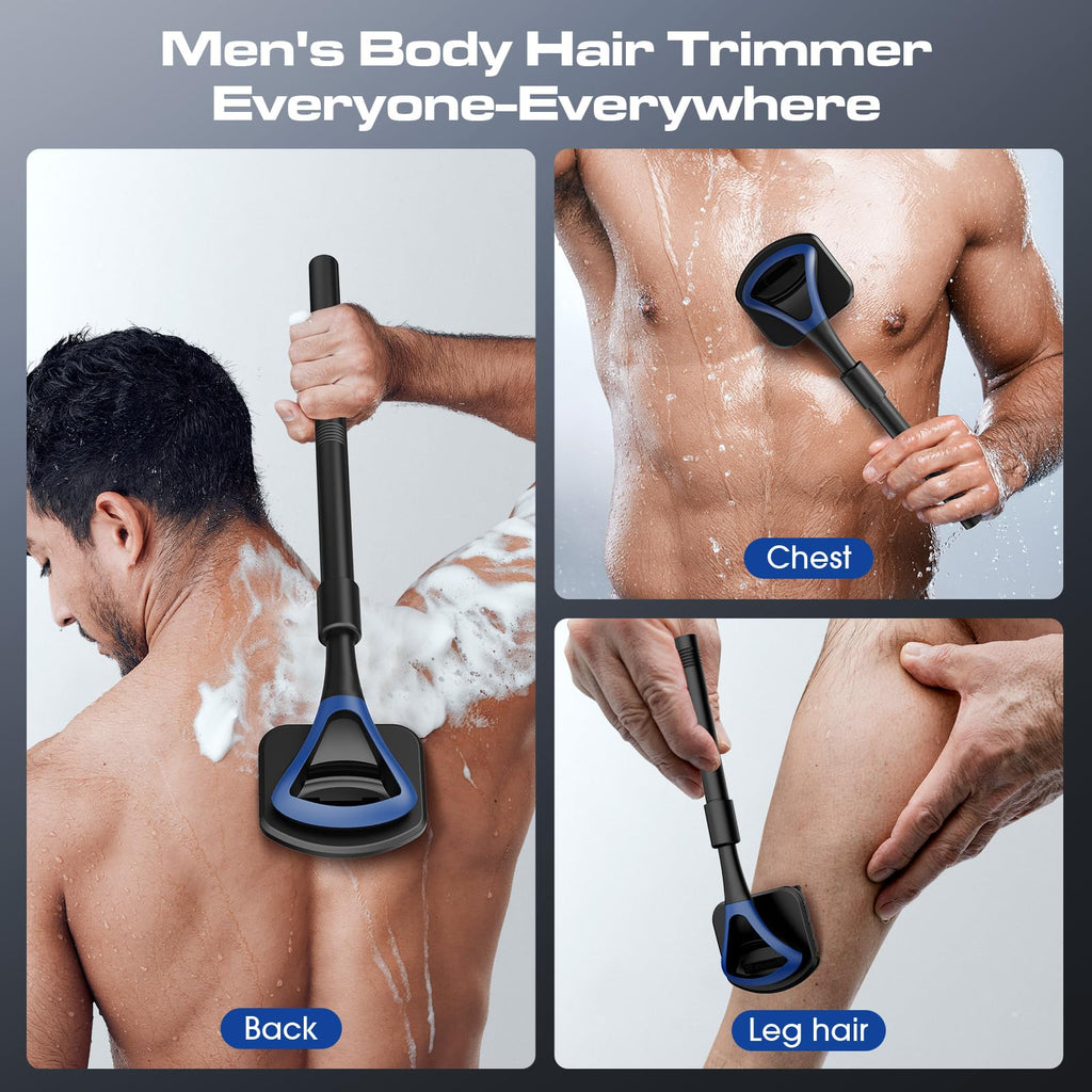 ZOMU Back Shavers for Men:Back Hair Shaver and Body Shavers for Men with Safety Blade Technology & Ergonomic DIY Long Handle, Wet or Dry Shaving,Blue(Replaceable 8PCS 3.5inch Blades Included)