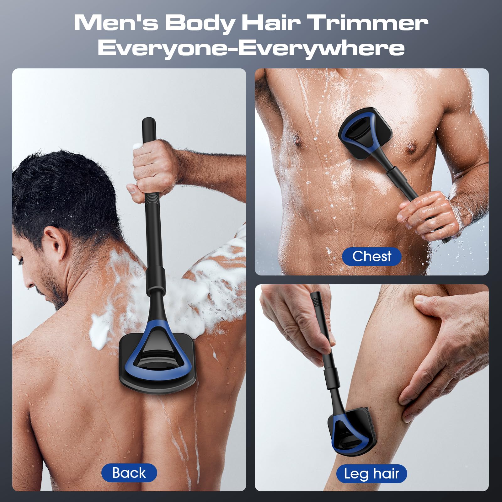 ZOMU Back Shavers for Men:Back Hair Shaver and Body Shavers for Men with Safety Blade Technology & Ergonomic DIY Long Handle, Wet or Dry Shaving,Blue(Replaceable 8PCS 3.5inch Blades Included)