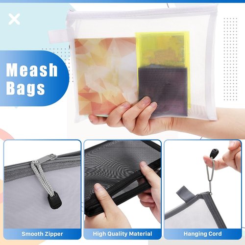 Tivcck 15 Pcs Mesh Zipper Pouch Bags, Nylon Travel Bags, Makeup Pouches for Organizing (Black, 9.5 x 7.5 Inch)