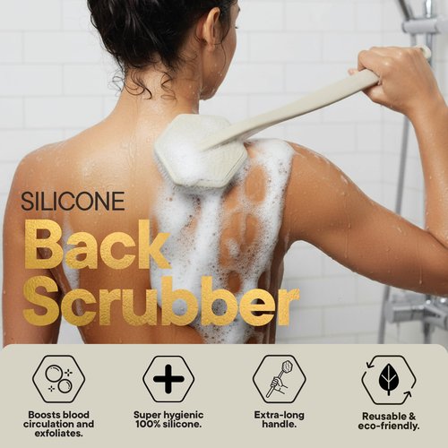 TOOLETRIES Silicone Back Scrubber - Exfoliating Shower Brush, Back Washer for Men, Durable Back Brush with Long Handle - Long Lasting Bath & Shower Accessories - Sand