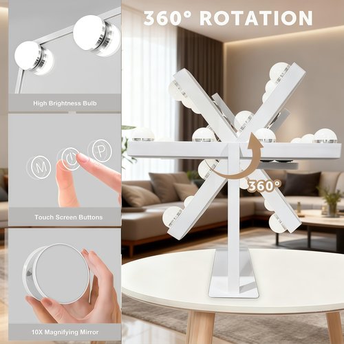 Honwang Lighted Vanity Mirror with 9 LED Lights, Detachable 10x Magnifying Mirror, 3-Color dimmable Hollywood Makeup Mirror, Smart Touch Control, Metal Frame, 360-degree Rotation, White/Black (White)
