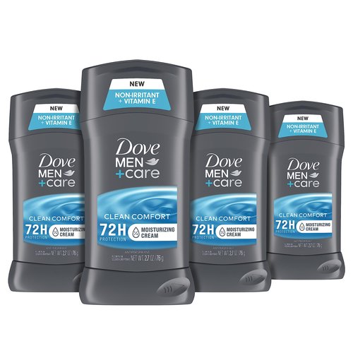 Dove Men+Care Antiperspirant Deodorant Stick 4 Count Clean Comfort 72-Hour Sweat & Odor Protection Antiperspirant for Men With 1/4 Moisturizing Cream 2.7 oz