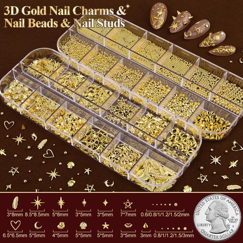 4 Boxes Gold Nail Charms and Gems for Nail Art, Nail Gems and Charms for Nails, Nail Pearls and Caviar Nail Beads, Nail Jewels and Nail Rhinestones Heart Star Nail Decorations Kit