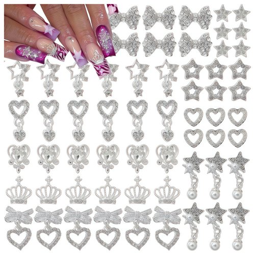 60PCS Nail Charms and Gems Sliver Rhinestones for Nails Design，3D Heart Star Crown Bow Y2k Nail Jewels Bulk Nail Art Decor Set