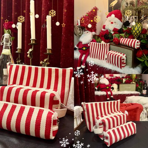 Beayuva 3 Pcs Makeup Bag Set Striped Canvas Purse Cosmetic Bag For Women Travel Toiletry Pouch Organizer pencil case (Red-White)