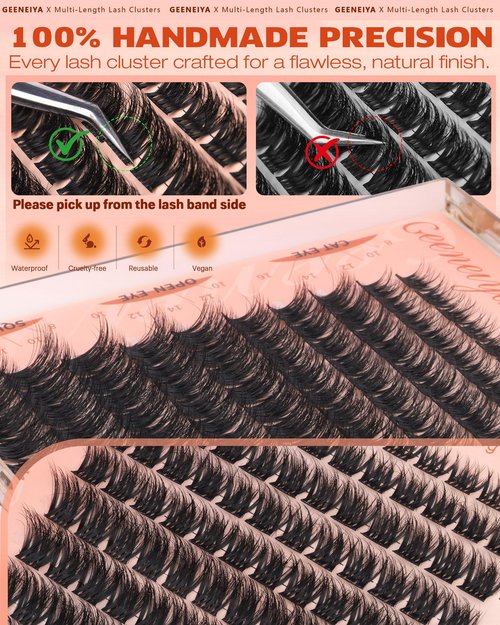Geeneiya Fluffy Lash Clusters 8-16mm, Natural 3D Fluffy Effect Eyelash Clusters, C Curl DIY Cluster Eyelash Extensions for Salon-Like Lashes at Home
