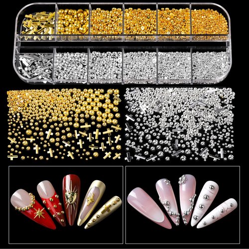 Teenitor Nail Charms and Gems with Nail Stickers, 6 Boxes Silver & Gold Nail Gems and Rhinestones Kit for Women, 3D Nail Art Rhinestones Nail Pearls, Caviar Beads for Nails,Y2K & Cross Nail Charms