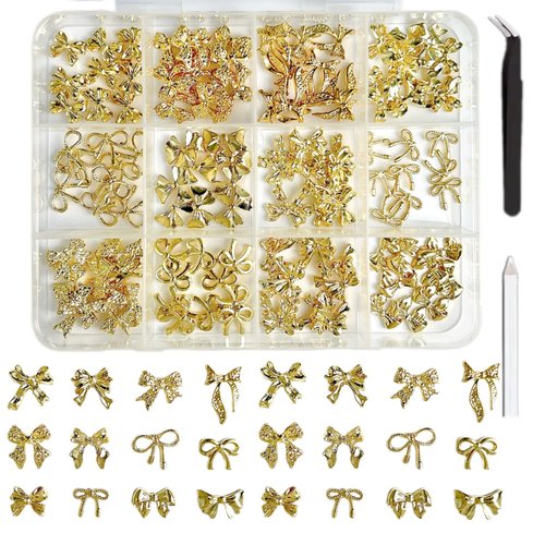 120Pcs Gold Bow Nail Charms, 3D Metal Alloy Bowknot Nail Art Golden Bows Charms for Nails Decor Accessories DIY Craft
