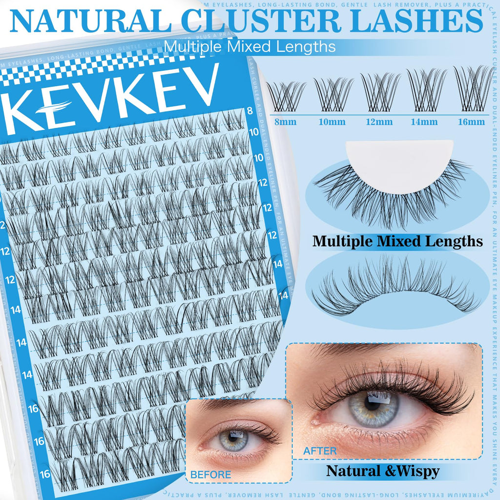 Wispy Lash Clusters Kit Venus Invisible Thin Band Natural Eyelash Clusters 8-16mm Lash Extension Kit Mix Length Clear Band Natural Look Cluster Eyelash Extensions With Lash Bond DIY Lash At Home