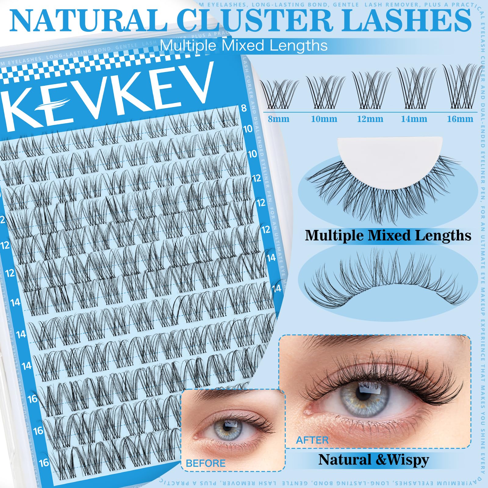 Wispy Lash Clusters Kit Venus Invisible Thin Band Natural Eyelash Clusters 8-16mm Lash Extension Kit Mix Length Clear Band Natural Look Cluster Eyelash Extensions With Lash Bond DIY Lash At Home
