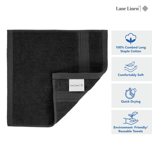 LANE LINEN Washcloths 24 Pack - 100% Ringspun Cotton Washcloths - 13"x13"- Soft Textured, Well Stitched, Lightweight Towel - Absorbent & Durable - Perfect for Daily use - Black Wash Cloths