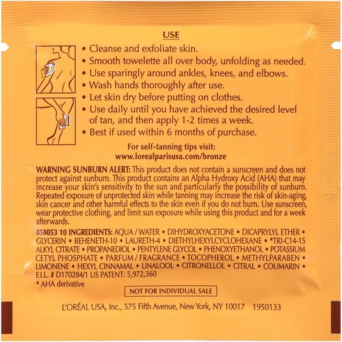 L'Oreal Paris Sublime Bronze Self-Tanning Towelettes - Streak-Free, Natural Look, 6 Count