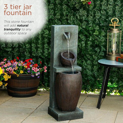 Alpine Corporation 32" 3-Tier Jar Fountain - Elegant Outdoor Water Feature with LED Lights | Gray Ceramic Garden Décor