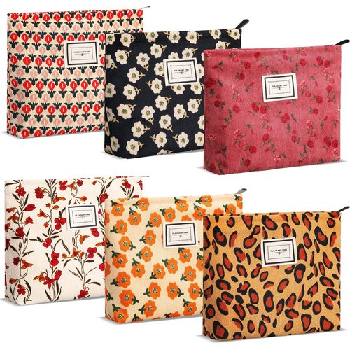 Sanwuta 6 Pcs Makeup Bag for Women Large Cosmetic Pouch Corduroy 10 x 7 Inch Large Capacity Makeup Bags Canvas Cosmetic Bags with Zipper Travel Toiletry Accessories Organizer for Women Girls(Flower)