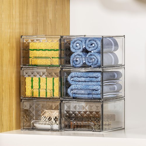 Delamu 4 Pack Stackable Storage Drawers, Makeup Skincare Holder Vanity Storage Organizer, Plastic Drawers For Vanity Desk, Undersink, Kitchen Cabinet, Pantry, Clear, Ideal Christmas Gifts for Girls