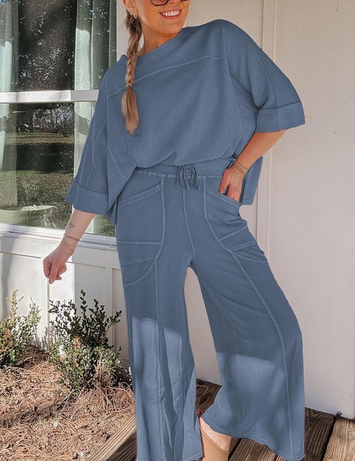 Skiennix Women’s 2-Piece Lounge Set - Oversized Sweatshirt & Wide Leg Pants | Relaxed Fit Casual Outfit
