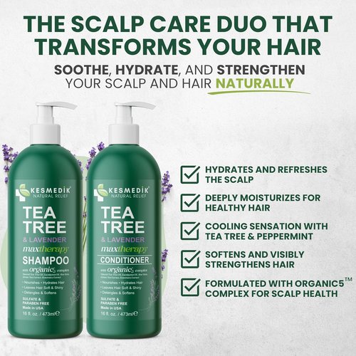 KESMEDIK Tea Tree Lavender Shampoo & Conditioner Set - Soothes Dry Scalp, Sulfate & Paraben-Free, 16 fl oz Each