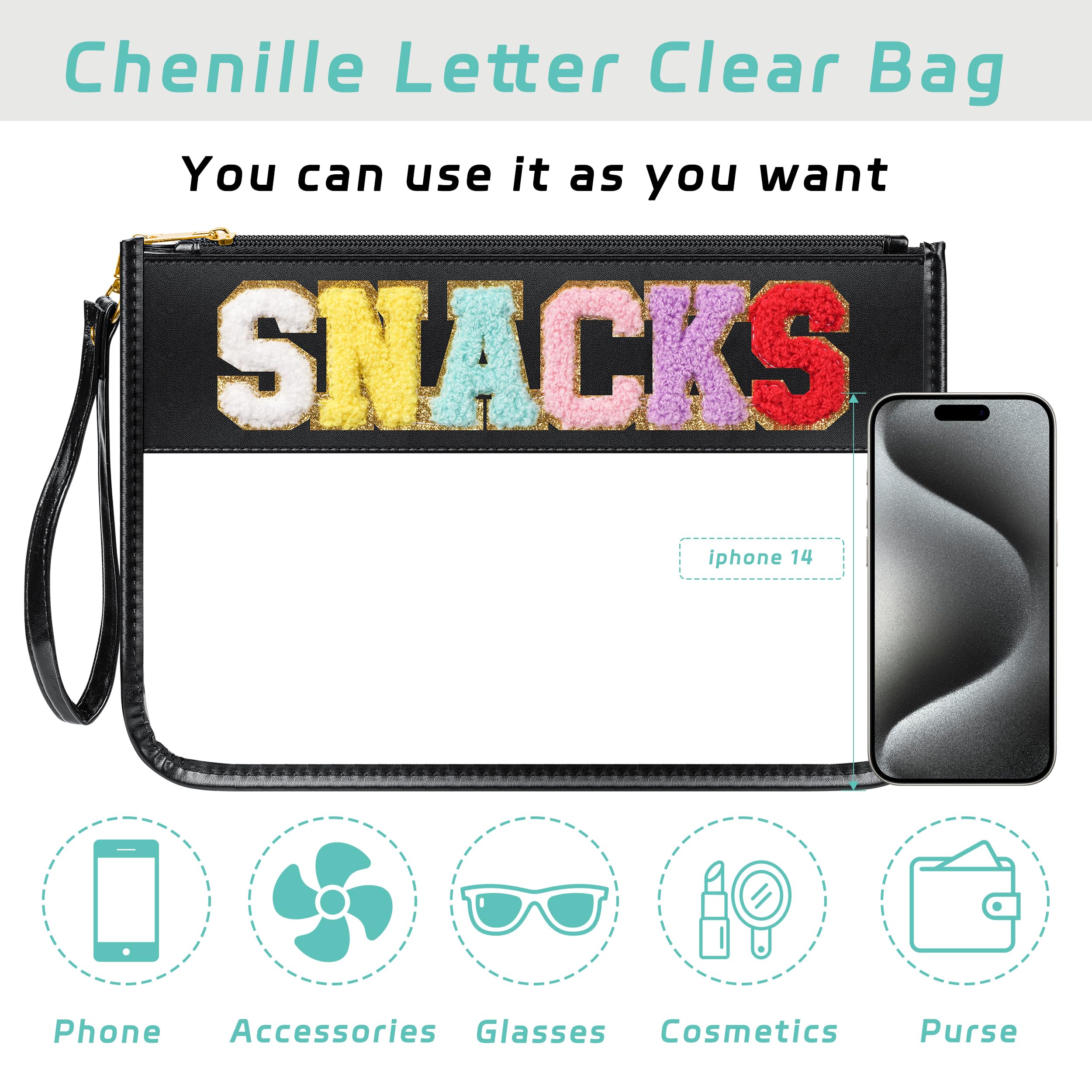 YEMEDA Chenille Letter Clear Zipper Pouch for Travel, Nylon Makeup Letter Bag, PVC Waterproof Cosmetic Bag, Snack Bags for Women Girls, Clear Stuff Bags For Travel(Black-Snacks)