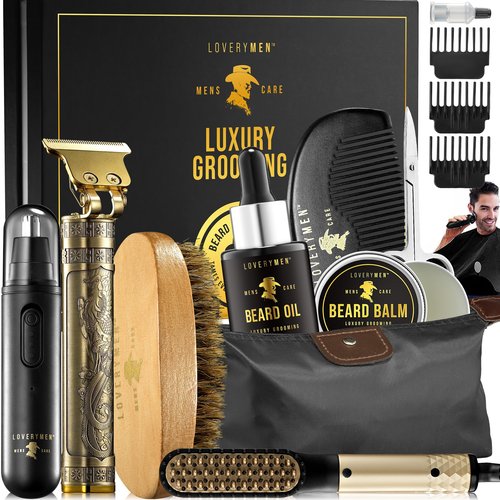 Gifts for Men Who Have Everything, Birthday Gifts for Him, Grooming Beard Kit, Beard Trimmer, Nose Hair Trimmer, Hair Straightener Brush, Oil, Balm & More, 15pc Men Care Kit, Dad Gifts