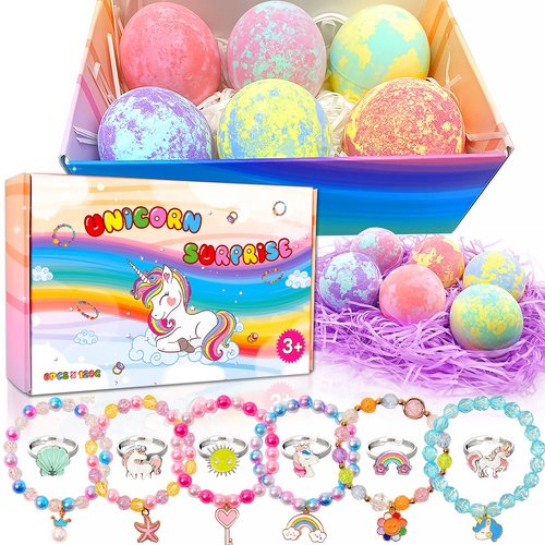 Unicorn Bath Bombs with Surprise Inside Easter Basket Stuffers for Kids Girls, Bath Bombs Surprise Birthday Gifts Unicorn Gifts Easter Gifts for Kids Girls with Jewelry Toys Inside