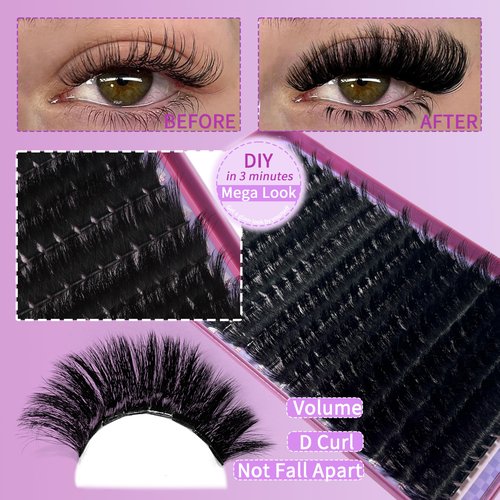 Lash Clusters 200D Long Lash Clusters Thick Volume Lashes Clusters 12-22mm Eyelash Clusters D Curly Cluster DIY at Home Wispy Individual Lashes for Beginners Eyelash Extension by FOINEMYED