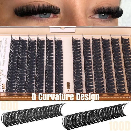 Geeneiya 12MM Volume Lash Clusters D Curl Cluster Eyelash Extensions Thick Cluster Lashes Only 12MM 80D+100D DIY Lash Extension Waterproof