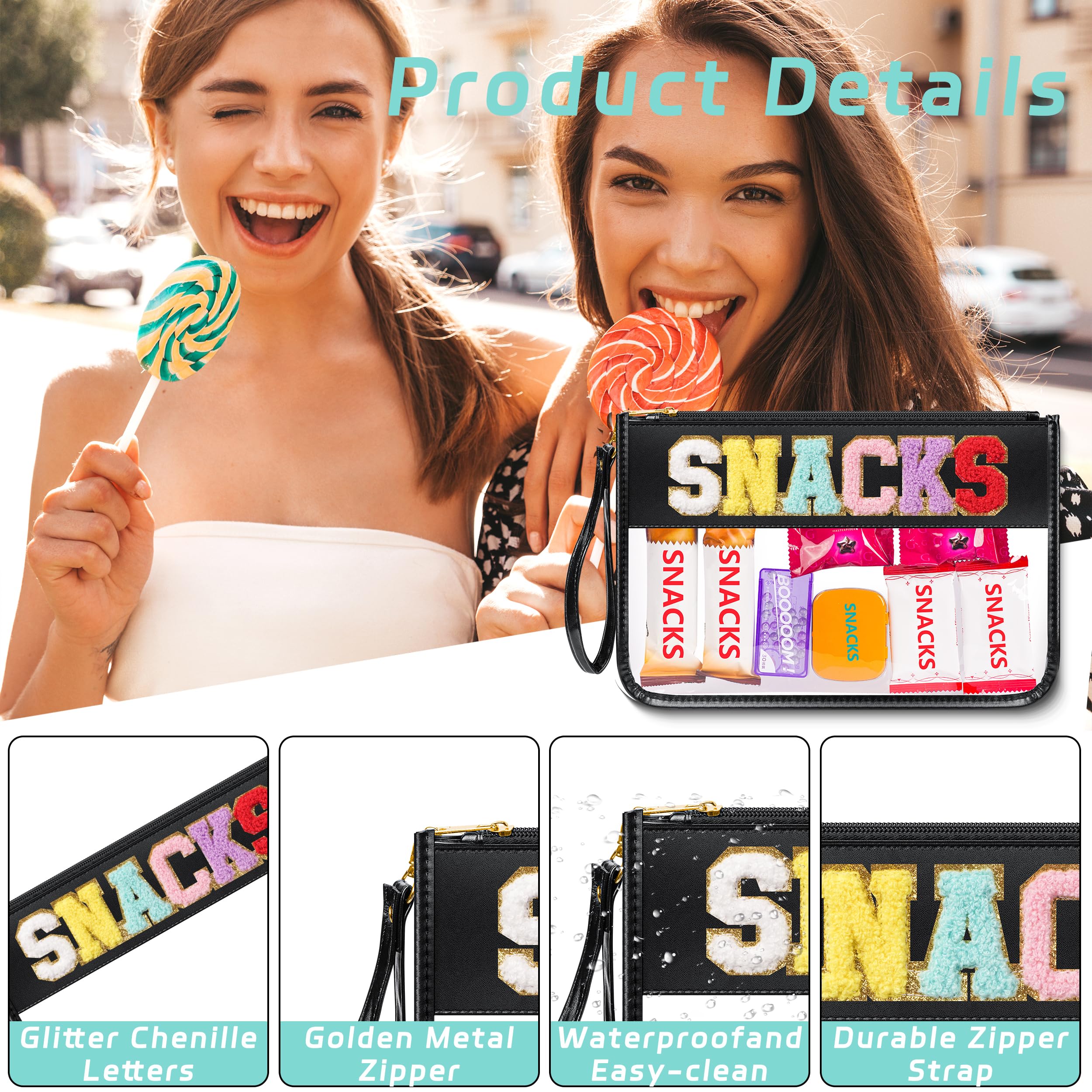 YEMEDA Chenille Letter Clear Zipper Pouch for Travel, Nylon Makeup Letter Bag, PVC Waterproof Cosmetic Bag, Snack Bags for Women Girls, Clear Stuff Bags For Travel(Black-Snacks)