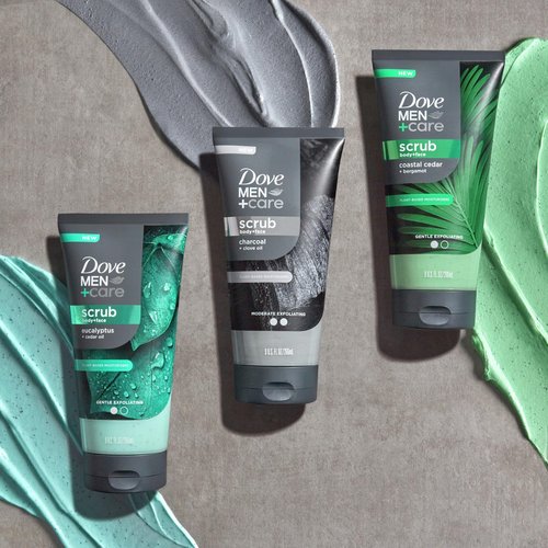 DOVE MEN + CARE Body and Face Scrub Eucalyptus Deeply Exfoliates for Hydrated & Nourished Skin 100% Gentle Cleanser, No Sulfate Cleansers or Parabens 9 oz