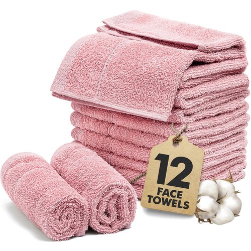Novo Home Face Towels Pack of 12 – 100% Cotton Wash Cloths (12x12 inch) – Soft, Quick Dry & Highly Absorbent Hand Towels for Bathroom, Spa, Gym, Kitchen and for Daily Use - (Baby Pink)