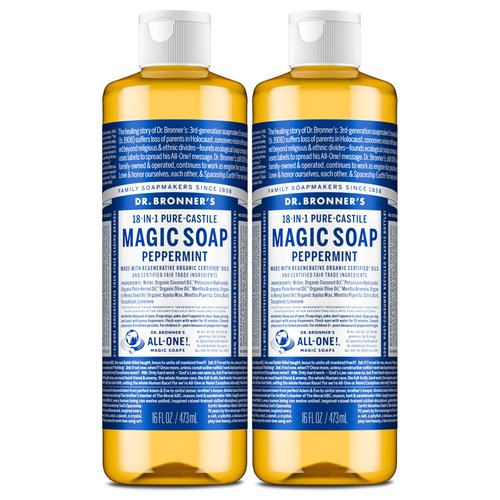 Dr. Bronner's Magic Soap-Pure-Castile Liquid Soap (Peppermint, 16 ounce, 2-Pack)-Regenerative Organic Certified Oils, 18-in-1 Uses: Body, Hair, Laundry, Pets & Dishes, Concentrated, Vegan, Non-GMO