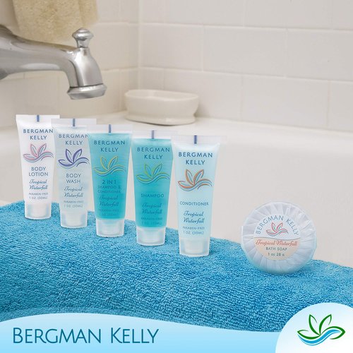 BERGMAN KELLY - Hotel Toiletries Bundle - Tropical Waterfall, 1 oz ea, 125 Pieces - 5-Piece Set: 25 ea Rectangular Bar Soap, Shampoo, Conditioner, Body Lotion & Body Wash - Bulk Mini Guest Amenities