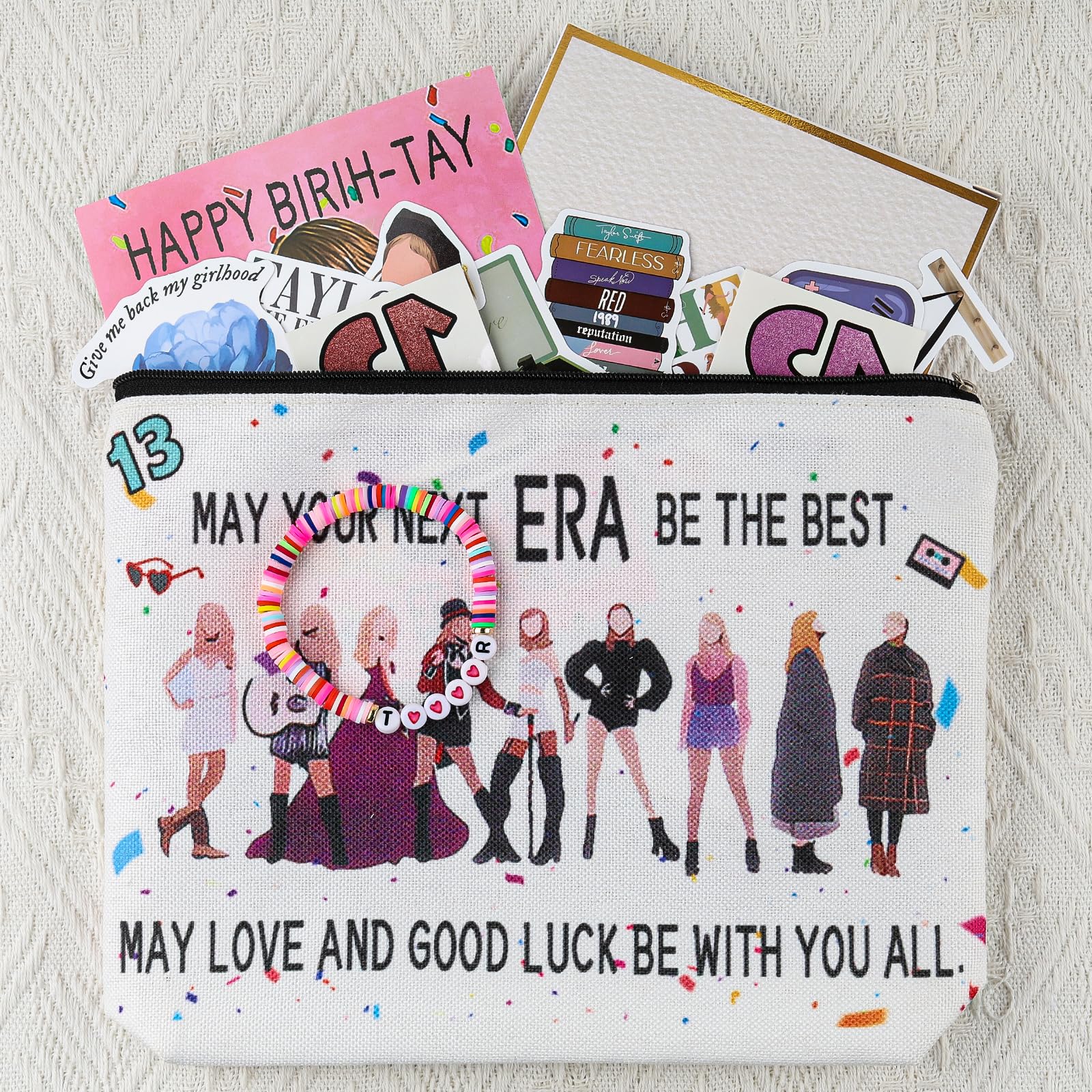 ZZLTAWS Singers Merch Makeup Bag, Music Loves Gifts Set Including 1 Makeup Bag, 1 Bracelets 1 Card 50Pcs Stickers, 8 Temporary Tattoos, Best Gifts for Girls Women and Music Fans
