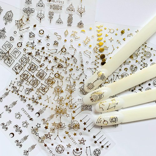 NAIL ANGEL 24 Sheets Nail Art Adhesive Gold Color Sticker Sheets Moon Star Universal Flower Shapes Sticker Sheets Nail Art Deco 10057