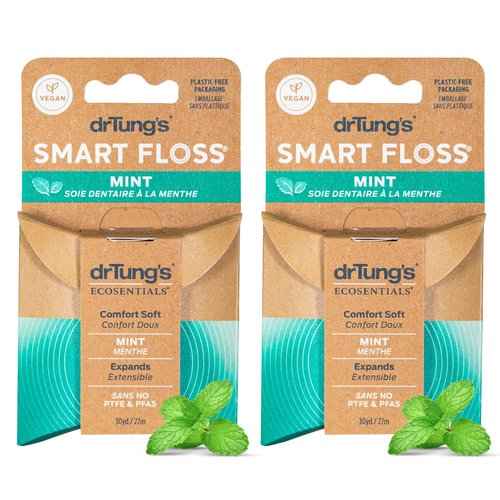 drTung's Smart Floss Mint for Teeth - Natural Expanding Dental Floss, Gentle on Tooth & Gums, Expands & Glides, PTFE & PFAS Free, Certified Organic Mint Essential Oils - Pack of 2