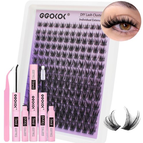 GGOKOK Lash Clusters Kit Wispy Lash Extension Kit 10-18mm Cluster Eyelash Extensions Kit Individual Lashes 168pcs Eyelash Clusters with Lash Bond and Seal, Lash Tweezers for Self Use(Wispy-02,Kit)