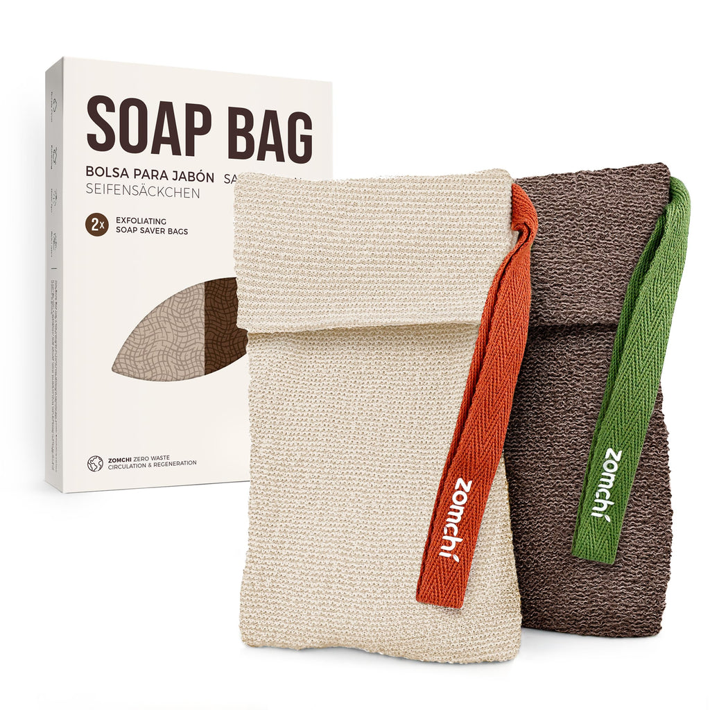 ZOMCHI Bar Soap Saver Bags, 2 Pieces Exfoliating Soap Bag with Different Roughness, Soap Bar Loofah for Men and Women, Body Scrubber Exfoliator for Smooth Clean Skin (Brown)