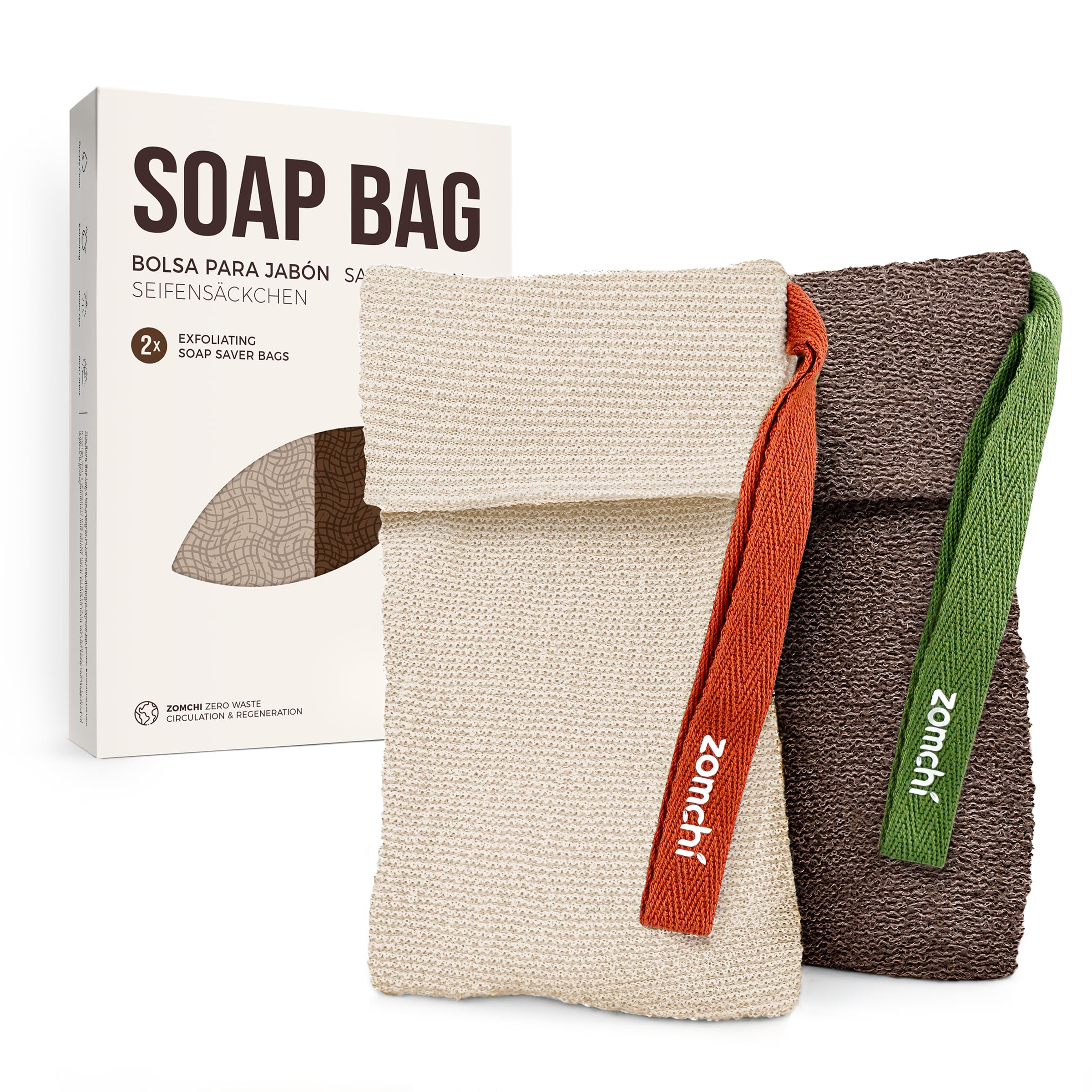 ZOMCHI Bar Soap Saver Bags, 2 Pieces Exfoliating Soap Bag with Different Roughness, Soap Bar Loofah for Men and Women, Body Scrubber Exfoliator for Smooth Clean Skin (Brown)