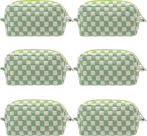 PAZIMIIK Checkered Makeup Bag - Portable Zipper Cosmetic Pouch for Travel | 6PCS Light Green
