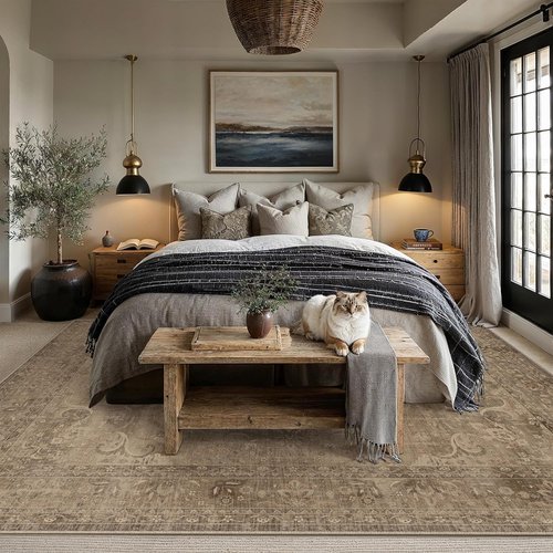 PureCozy Brown 6x9 Area Rug - Non-Slip Washable Floral Vintage Design for Living Room & Bedroom