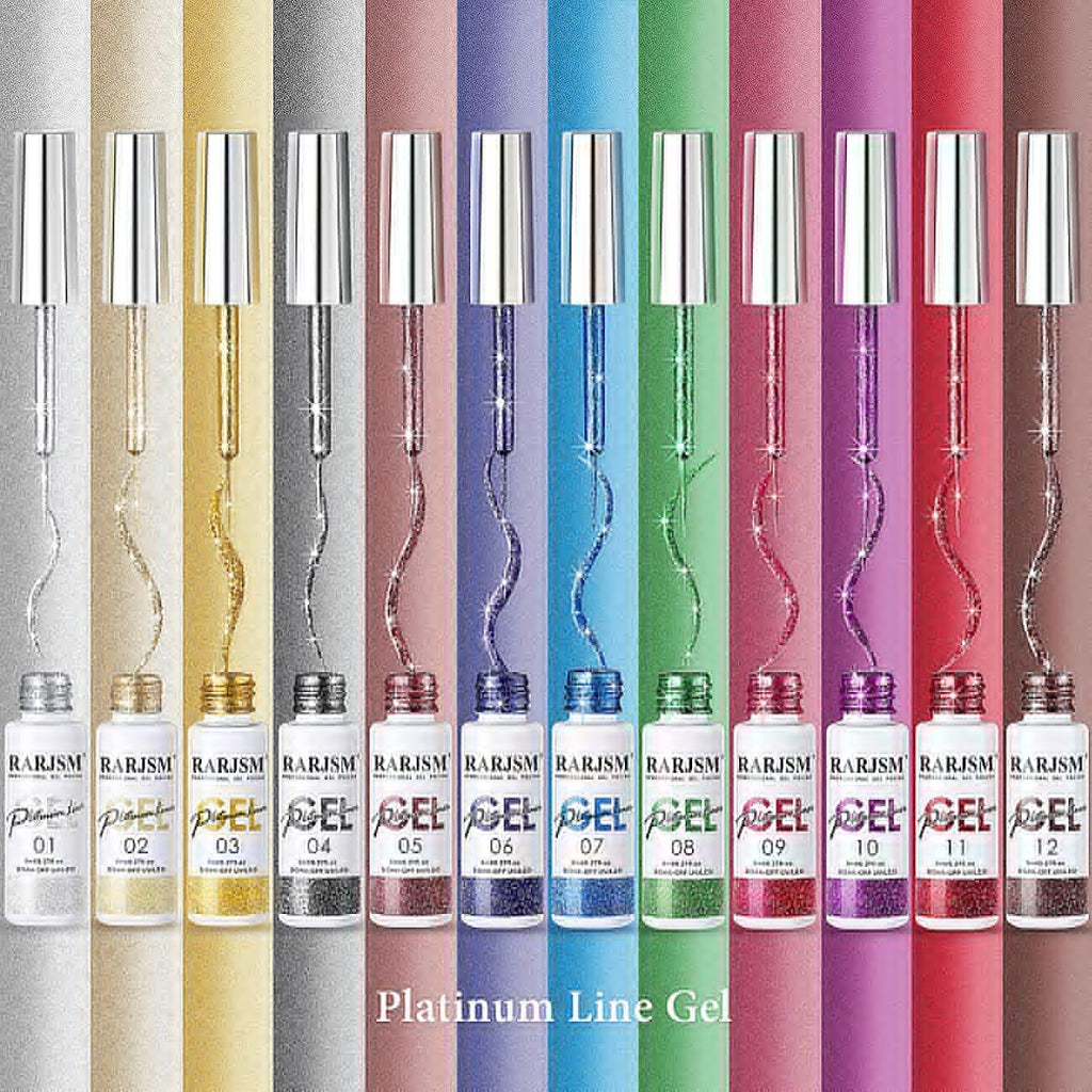 RARJSM Painted Gel Nail Polish Set, Nail Art Metallic Liner Painting Polish Set U V L E D 12 Colors Platinum Liner Gel Champagne Glitter Silver Rosa Gold Green Blue Purple Paint for Nail Art Design