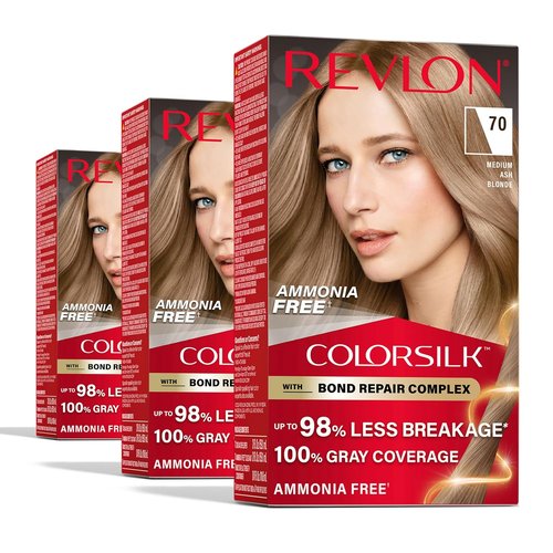 Revlon ColorSilk Blonde Permanent Hair Color - 100% Gray Coverage, Ammonia-Free, Vegan Keratin | 70 Medium Ash Blonde (Pack of 3)